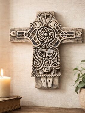 McHarp Celtic Stone Cross Wall Plaque 7.5” Religious Folk Art Decor